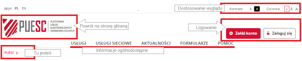 Wygląd fragmentu strony głównej portalu Na rysunku widać, jak dostosować wygląd strony do swoich potrzeb oraz gdzie znajduje się przycisk logowania. Pokazane jest logo portalu z informacją, że na stronę główną zawsze można wrócić klikając na logo. Pokazane jest usytuowanie ścieżki z której wiadomo, w którym miejscu portalu jesteś.