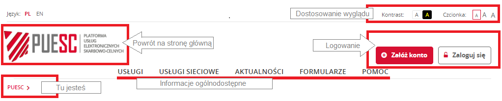 Wygląd fragmentu strony głównej portalu  Na rysunku widać, jak dostosować wygląd strony do swoich potrzeb oraz gdzie znajduje się przycisk logowania. Pokazane jest logo portalu z informacją, że na stronę główną zawsze można wrócić klikając na logo. Pokazane jest usytuowanie ścieżki z której wiadomo, w którym miejscu portalu jesteś.