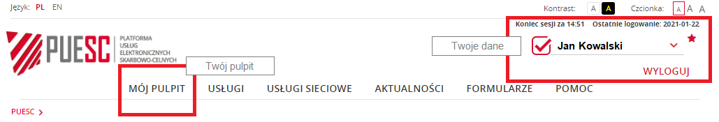 Wygląd fragmentu strony głównej portalu  Na rysunku zaznaczone zostały  nowe elementy, które widać po zalogowaniu się na konto. Są to dane użytkownika oraz  miejsce dostępu do jego pulpitu na portalu. 