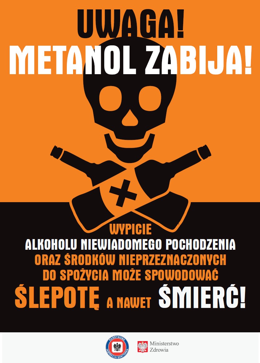 Plakat z hasłem Uwaga! Metanol zabija!