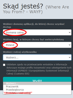 Okno Skąd jesteś. Wybierz Domenę celną, kraj Poland i nie wybieraj rodzaju użytkownika Przedstawiciel celny