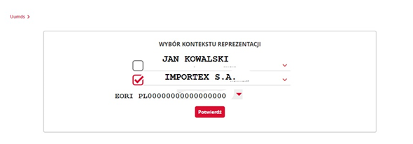 Okno Wybór kontekstu reprezentacji na portalu PUESC. Wybierz podmiot, w imieniu którego będziesz wysyłał sprawozdania