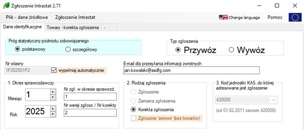 zrzut ekranu nr 2 z programu istat - pole Nr wersji zgłosz/Nr korekty posiada wartość 2