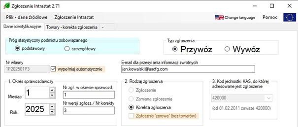 zrzut ekranu nr 3 z programu istat  - pole Nr wersji zgłosz/Nr korekty posiada wartość 3