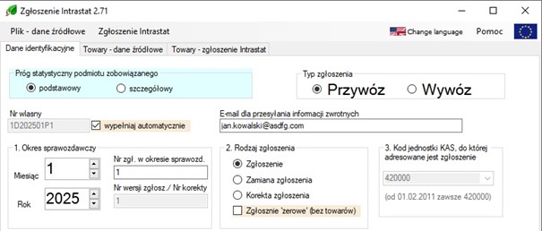 zrzut ekranu nr 1 z programu istat  - pole Nr wersji zgłosz/Nr korekty jest nieaktywne