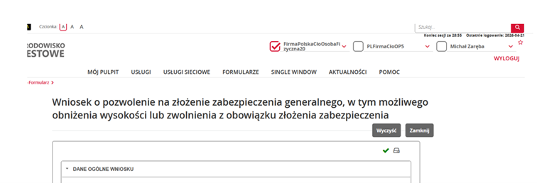 Przykładowy widok konta użytkownika (pracownika przedstawiciela celnego, który składa wniosek w imieniu firmy, która umocowała do działania przedstawiciela celnego)