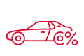 Rysunek konturowy w kolorze czerwonym na białym tle. Przedstawia samochód osobowy ze znakiem procenta.